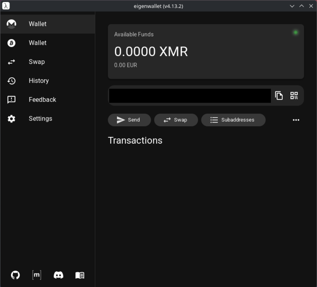 Monero-Wallet in eigenwallet mit Adresse, Send-, Swap- und Subadressen-Buttons