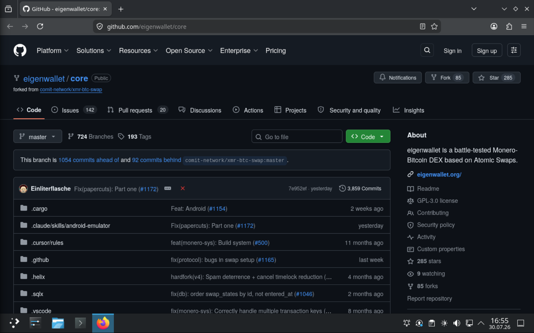 GitHub-Übersichtsseite des eigenwallet-Repositoriums