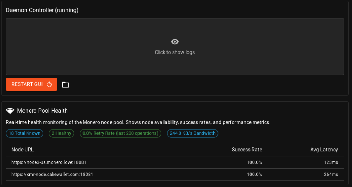 Übersicht der genutzten Monero-Nodes mit Erfolgsquote und Latenz
