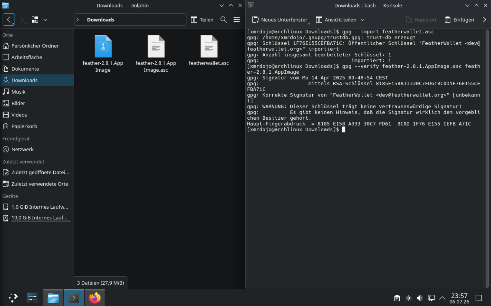 Konsole mit dem Ergebnis von gpg import und gpg verify samt Haupt-Fingerabdruck