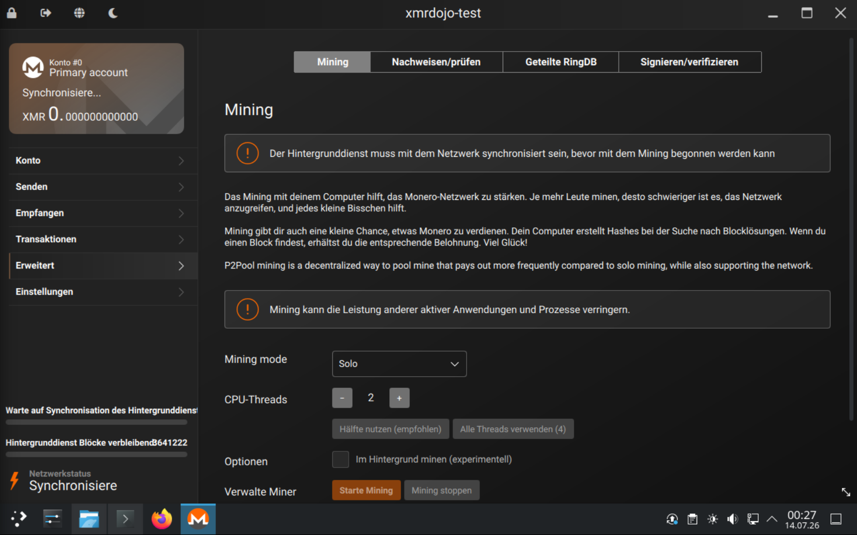 Mining-Bereich unter Erweitert mit Mining mode und CPU-Threads