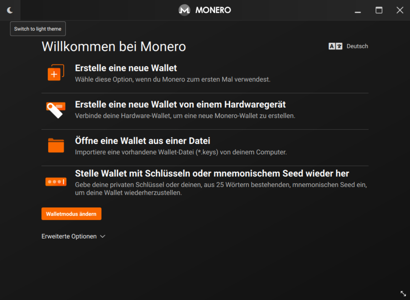 Auswahl zwischen neuem Wallet, Hardwaregerät, Datei öffnen und Wiederherstellen