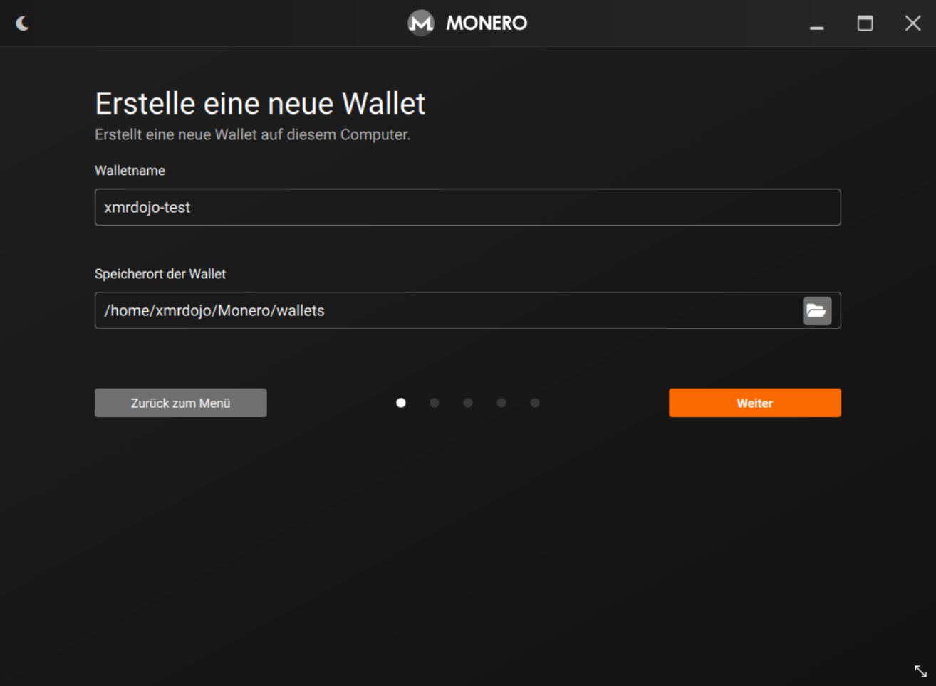 Eingabe von Walletname und Speicherort der Wallet