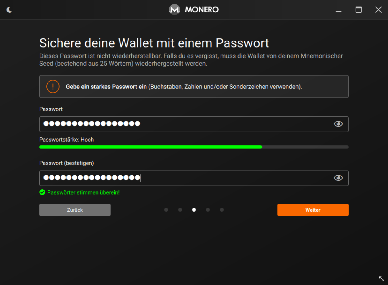 Passwortvergabe mit Stärkeanzeige und Bestätigungsfeld