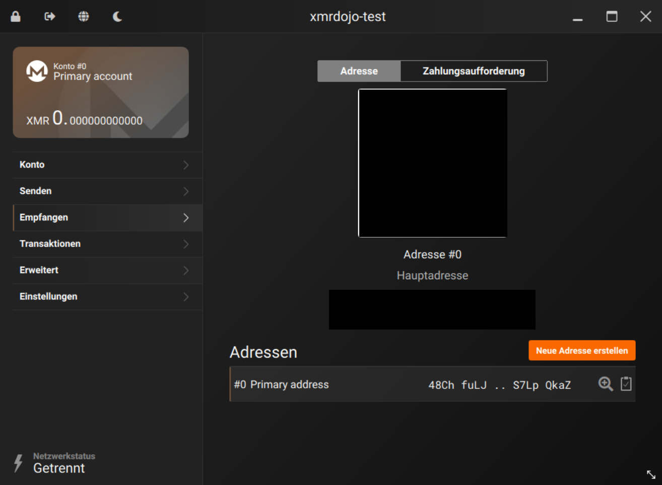 Empfangen-Reiter mit Hauptadresse, QR-Code und Neue Adresse erstellen